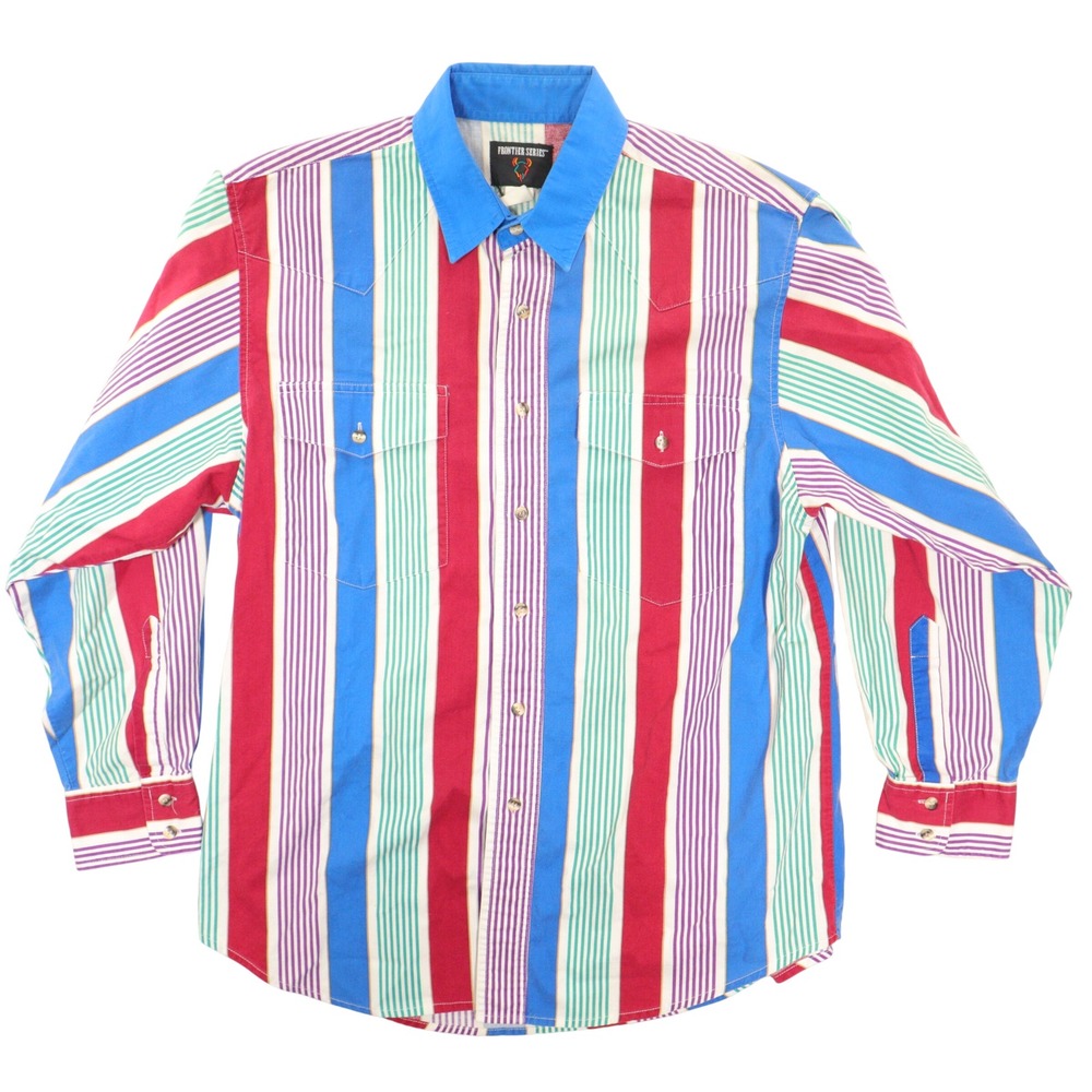VTG Frontier Series Western Shirt Men L Vertical Stripes Cowboy Button Up Cotton